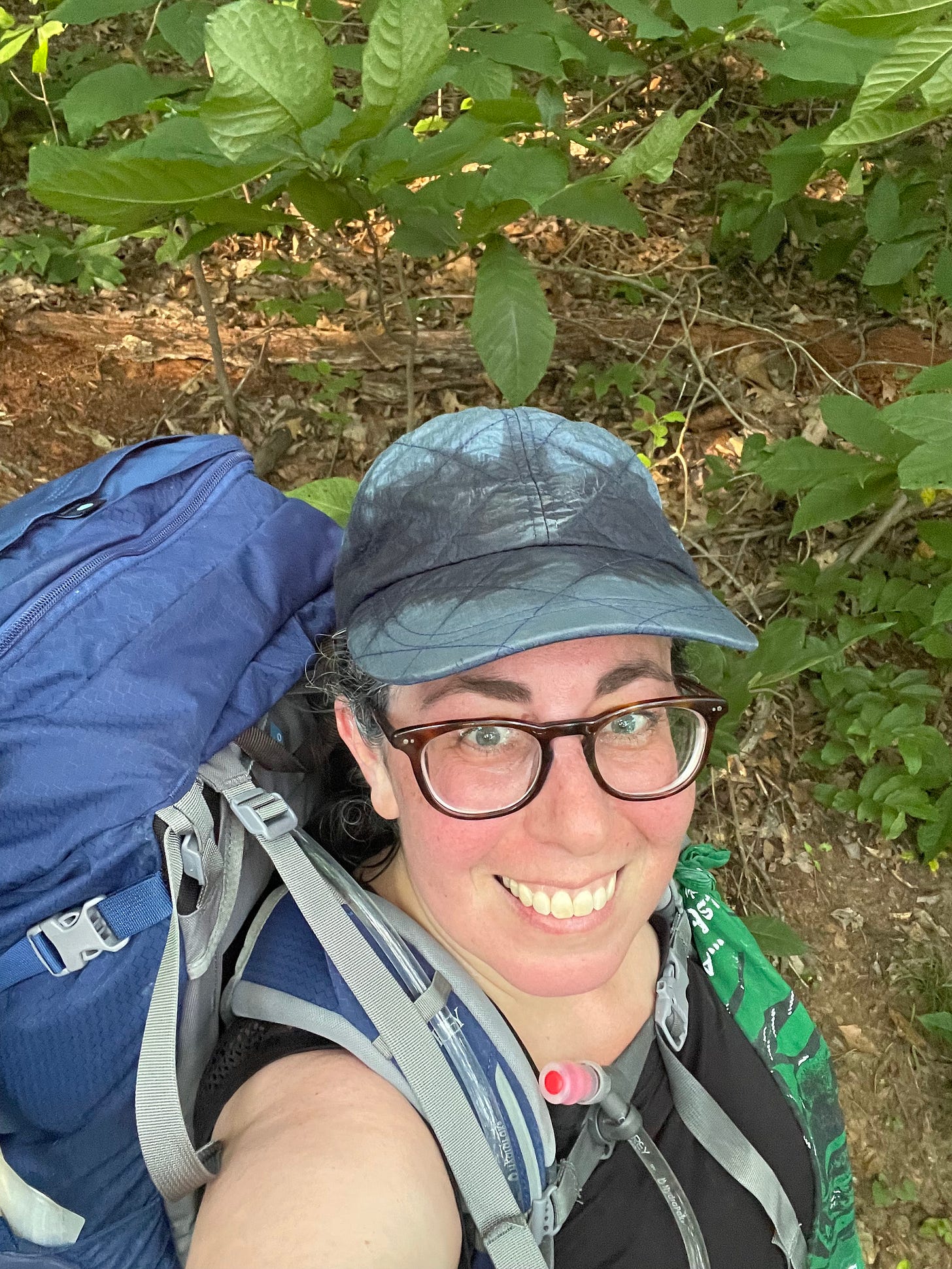 Selfie of a middle-aged white woman with brown glasses and a sweaty blue hat looking at the camera. She is wearing a large blue backpack. Green foliage in background