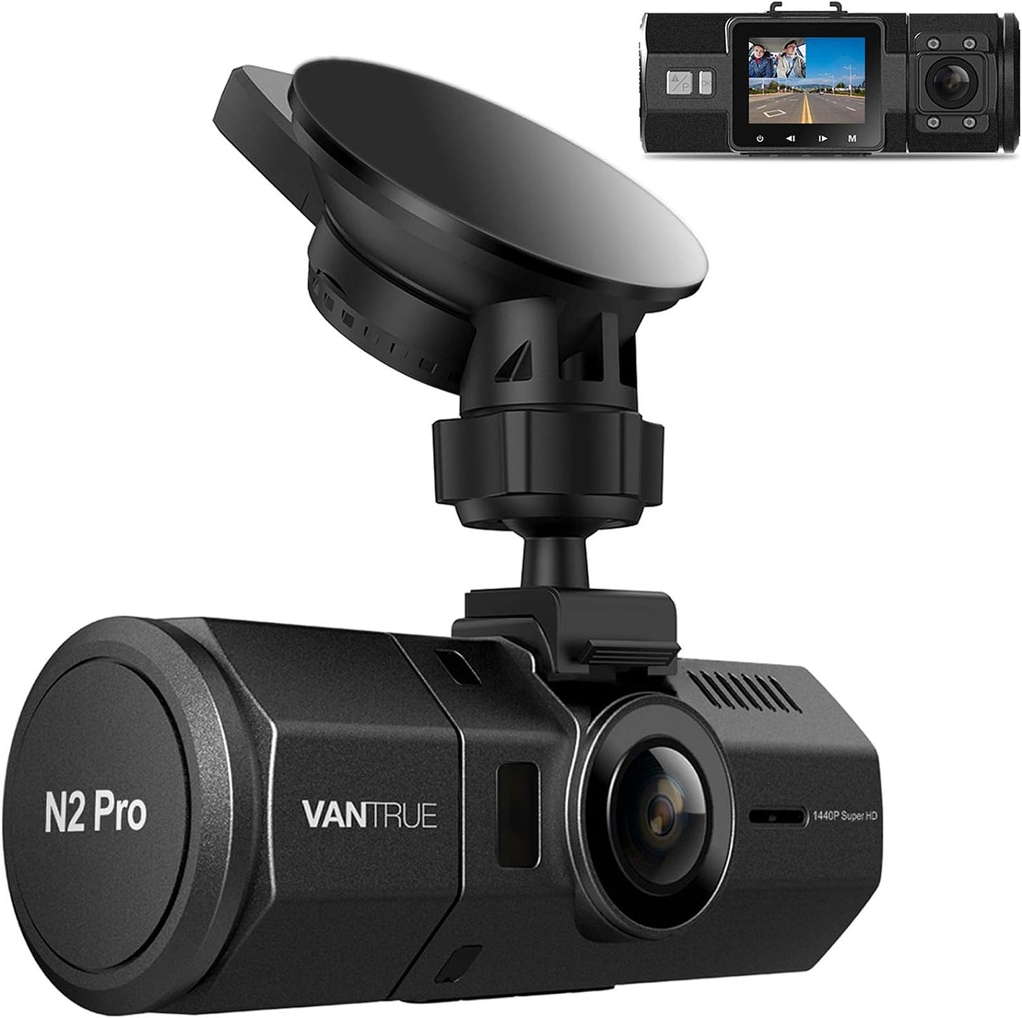 Dual dash cam with front 4K camera and interior 1080p camera mounted on car windshield