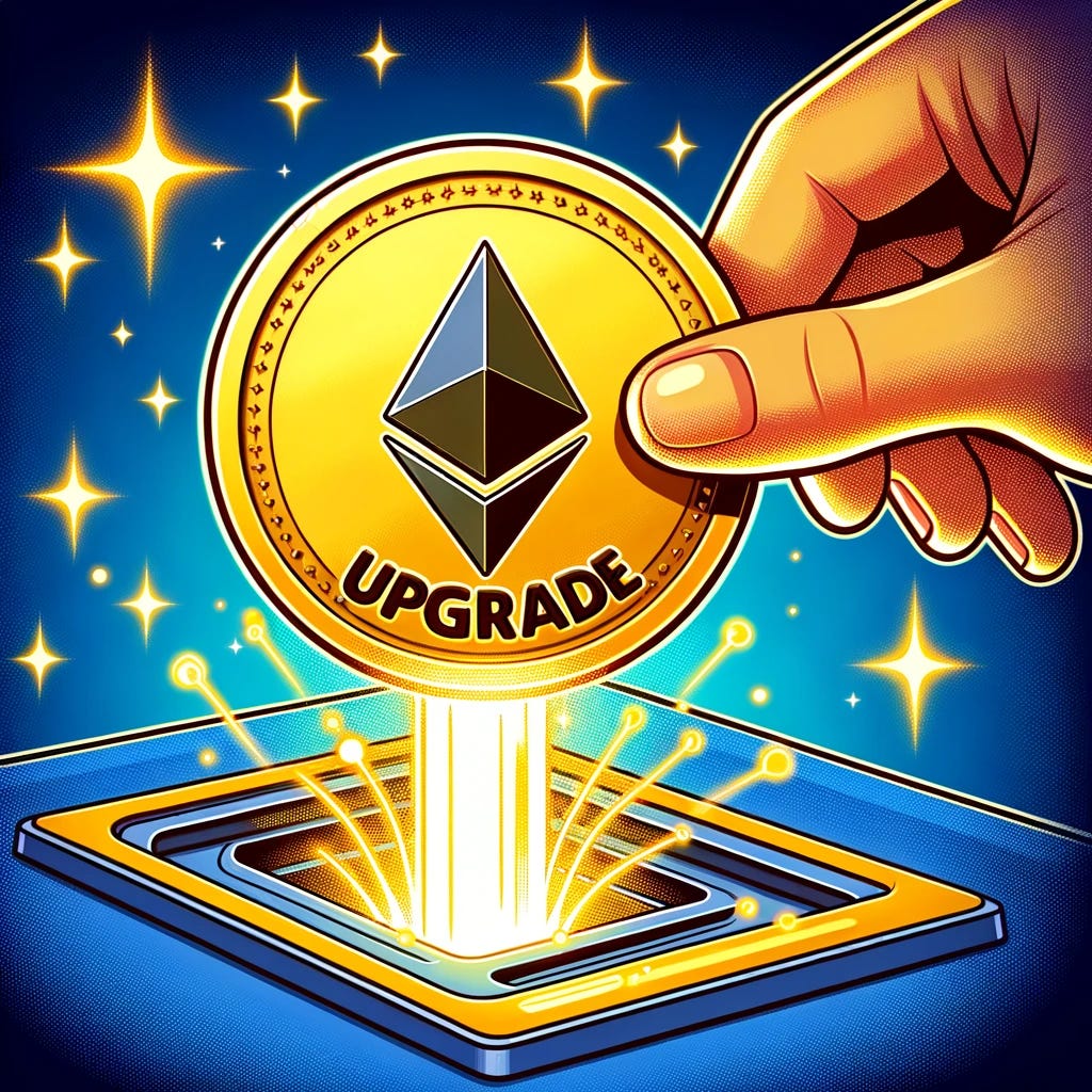 Illustration of a digital Ethereum coin being inserted into a slot with sparks and light rays emanating, representing an upgrade in progress.