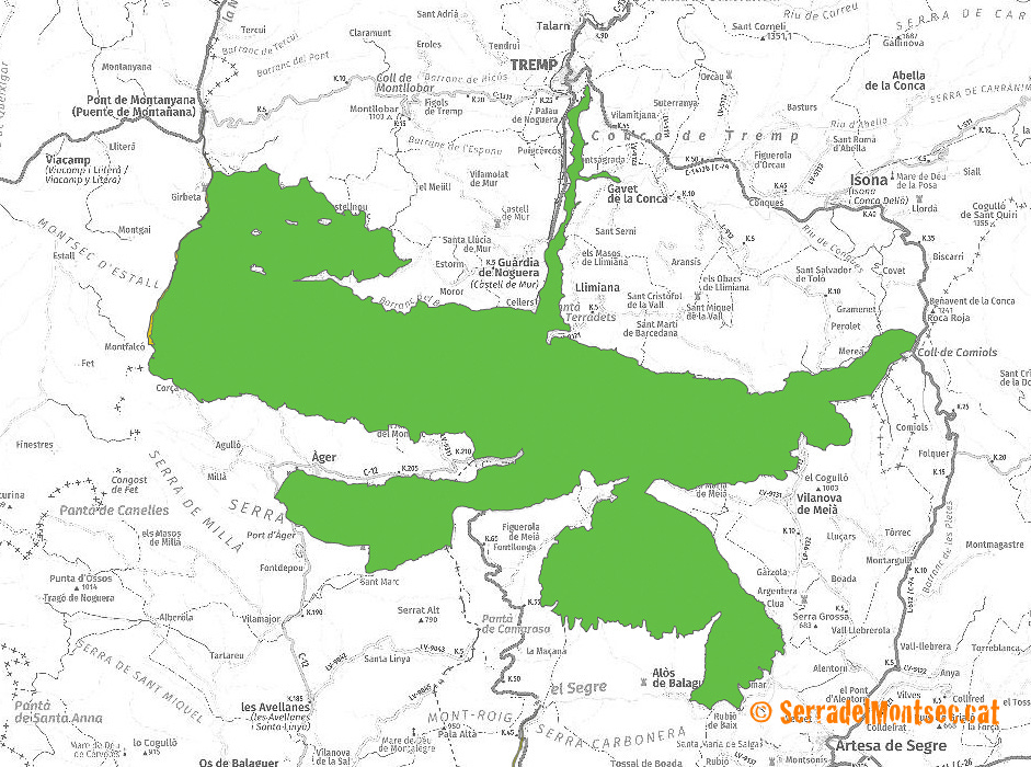 Delimitacions Geogràfiques de l’Espai Natural de Serra del Montsec, declarat per la Generalitat de Catalunya amb el Decret 328/1992, LIC el 1997, ZEPA el 2005 i, posteriorment, ampliat com a espai Xarxa Natura 2000.