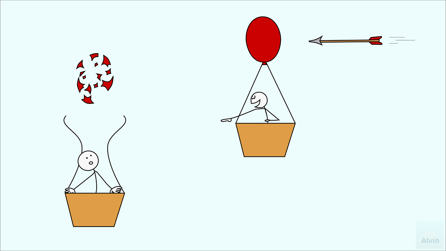Two people are standing in separate baskets, each suspended high up in the air from a balloon. The balloon of the person on the left pops, while the person on the right points and laughs. Meanwhile, an arrow is flying towards the balloon on the right...