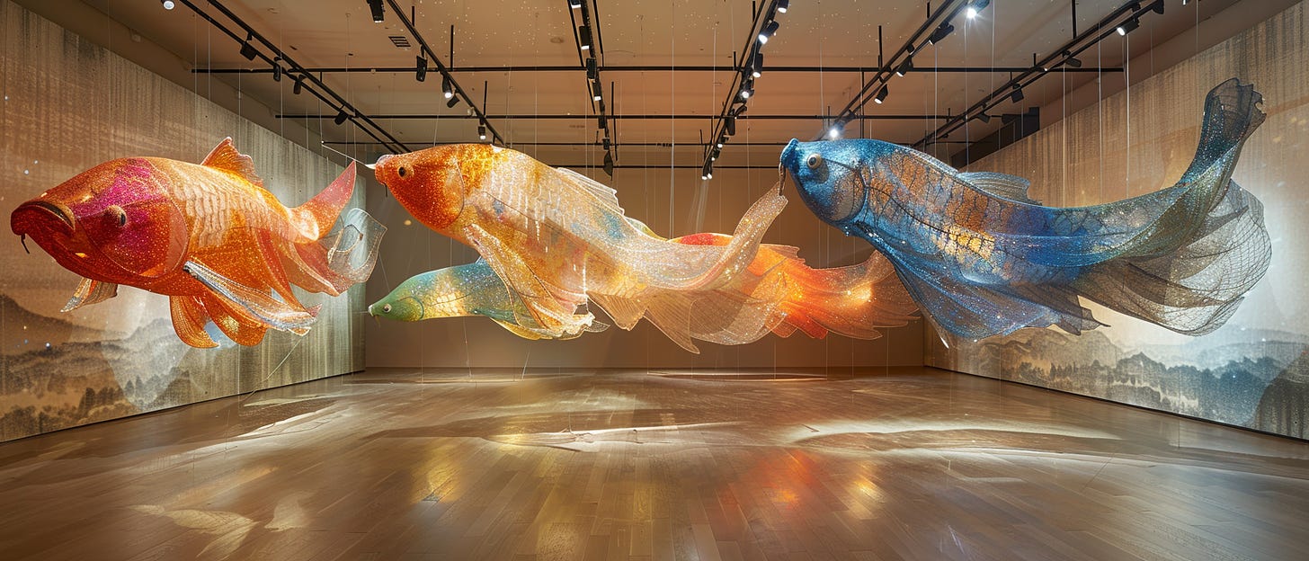 A large-scale installation features colorful, translucent koi fish sculptures suspended in a gallery space. The sculptures are illuminated by soft lighting, enhancing their vibrant orange, green, and blue hues. The fish appear to be swimming gracefully in mid-air, casting subtle shadows on the wooden floor and creating a mesmerizing display that celebrates the beauty of aquatic life.