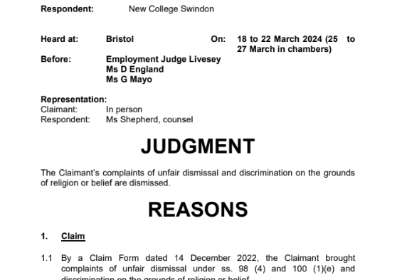 Kevin Lister tribunal verdict showing the case was dismissed. The reasons are cut off