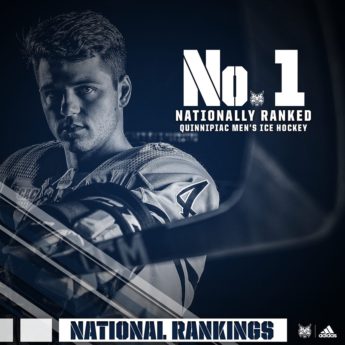 May be an image of 1 person and text that says 'No1 NATIONALLY RANKED QUINNIPIAC MEN'S ICE HOCKEY NATIONAL. RANKINGS adidas'