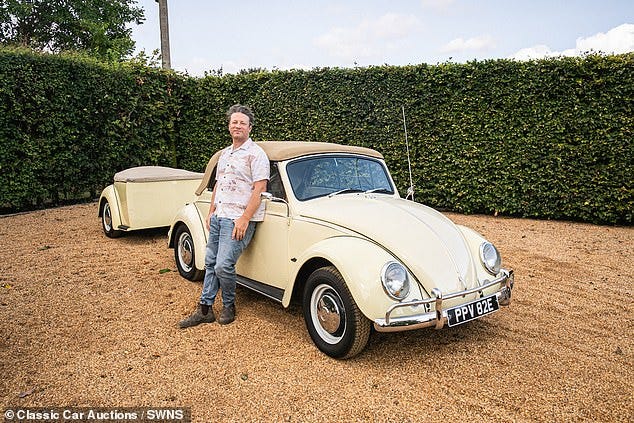 Jamie Oliver and his 1967 VW Beetle 1500 convertible which comes with a bespoke trailer