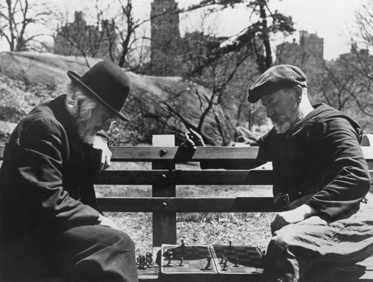 Two Old-Timers Playing Chess On A Central Park Bench In New York City  History - Item # VAREVCHISL038EC426