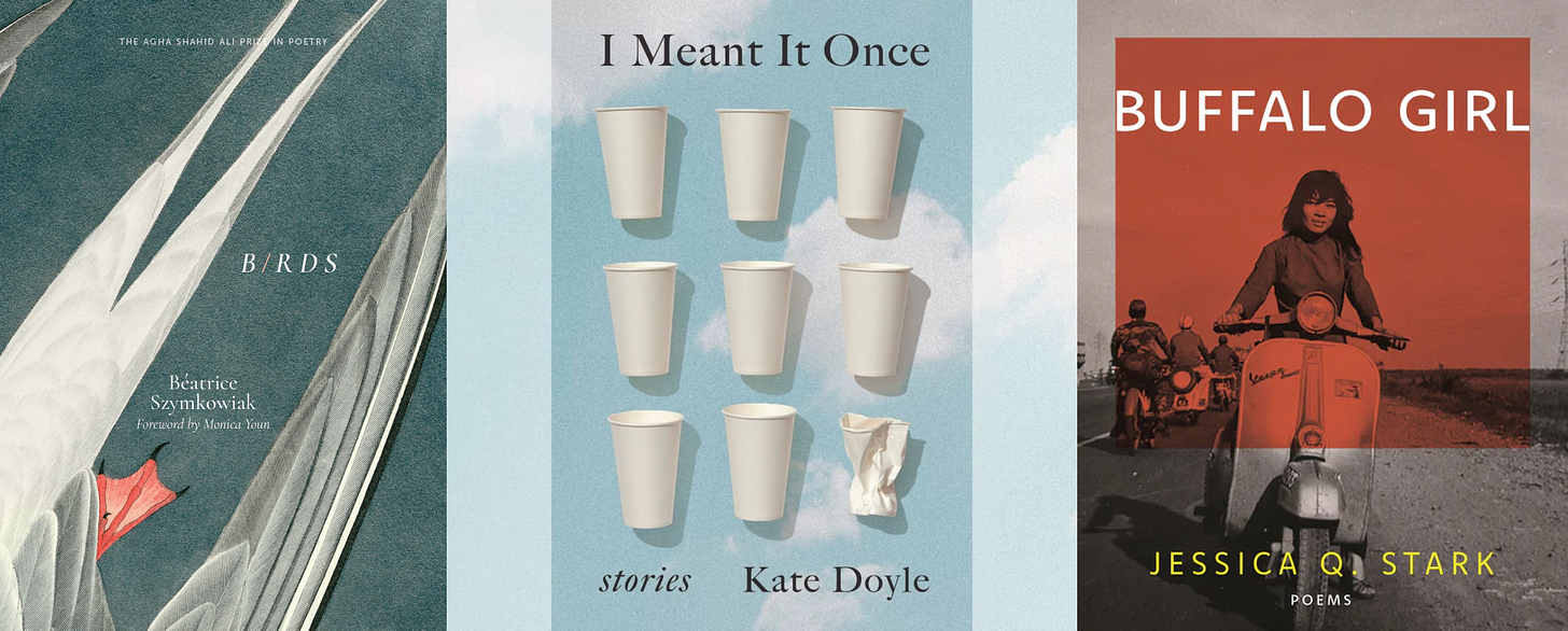 Three book covers: A bird's angular wings and one bright orange foot; a grid of paper cups, the last one at the lower right crumpled; a girl on a motorcycle in black and white photo, superimposed with red.