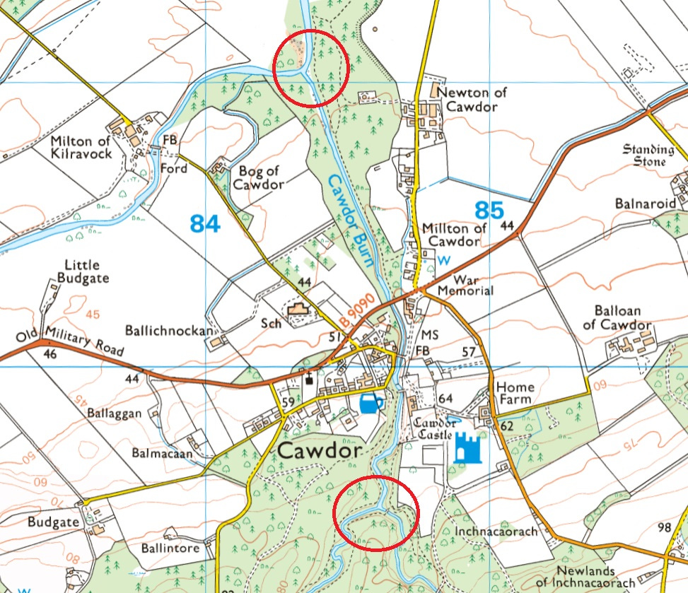 Map of Cawdor in Nairnshire showing its proximity to two confluences: the Cawdor Burn and the River Nairn (top) and the Cawdor Burn and Riereach Burn (bottom)