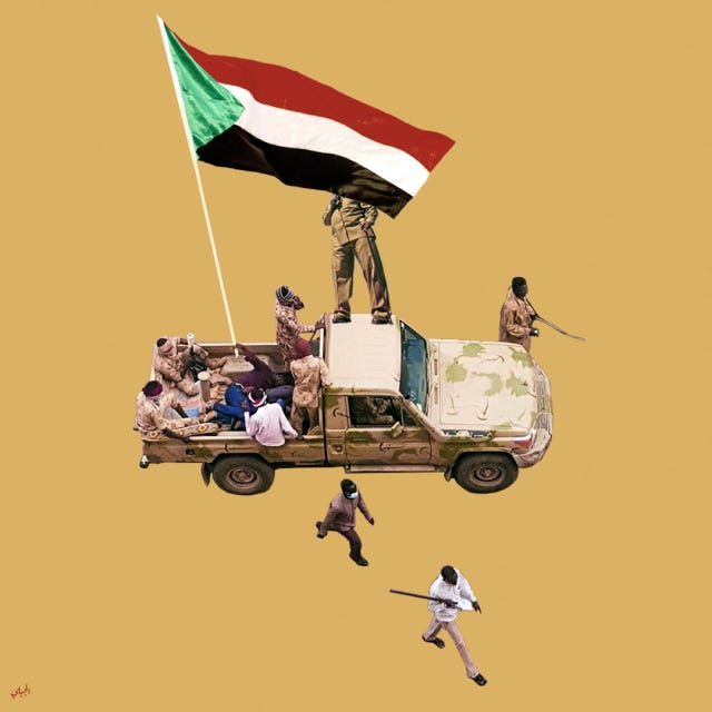 An overhead view of a pick-up truck painted with camouflage, with several Sudanese men sitting in the back, and a very large Sudanese flag waving overhead