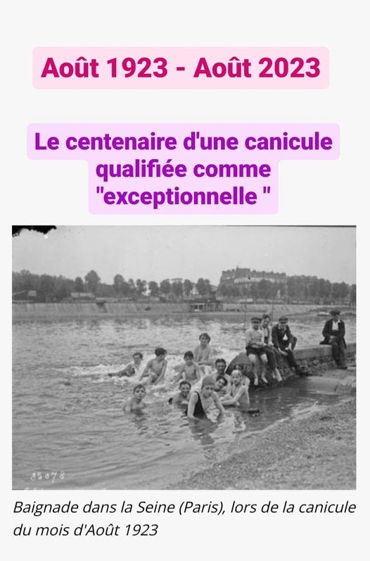 Peut être une image de 9 personnes, personnes en train de nager et texte qui dit ’Août 1923 Août 2023 Le centenaire d'une canicule qualifiée comme " "exceptionnelle" 85078 Baignade dans la Seine (Paris), lors de la canicule du mois d'Août 1923’