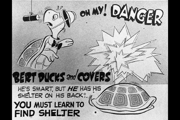 Bert the Turtle starred in "Duck and Cover" which aired in 1950 across the United States. (U.S. Civil Defense Administration photo)