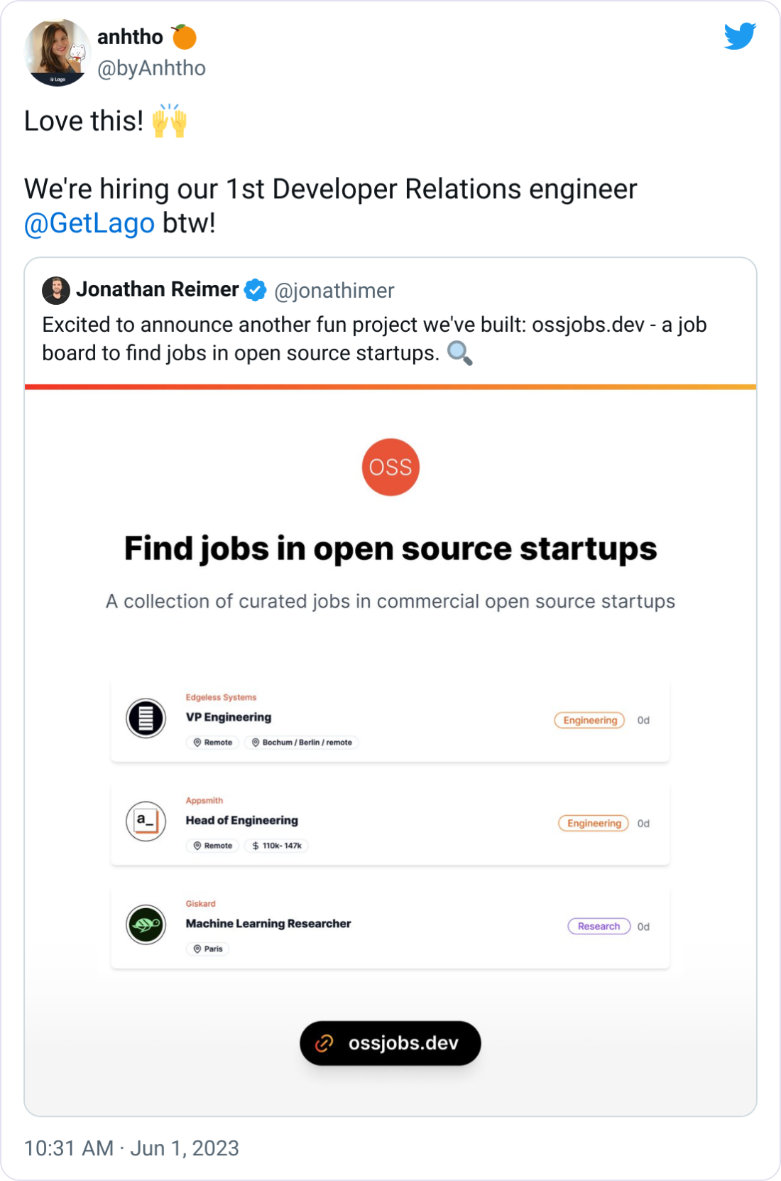 anhtho 🍊 @byAnhtho Love this! 🙌   We're hiring our 1st Developer Relations engineer  @GetLago  btw!