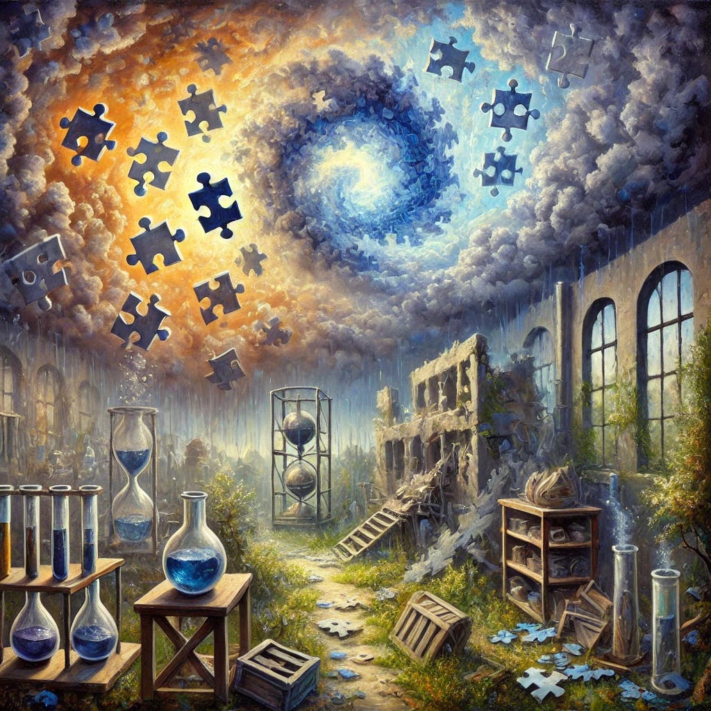 A surreal impressionist oil painting divided into two symbolic sections. The upper section depicts a stormy, chaotic sky filled with fragmented jigsaw puzzle pieces floating in disorder, representing confusion and illusion. This part is dominated by muted, sterile colors like grays, blues, and violets. Below, a dilapidated laboratory sits in ruins, surrounded by overgrown nature reclaiming the space. Broken test tubes and shattered scientific equipment are scattered on the ground. The lower section uses earthy tones like greens, browns, and ochres. A faint spiral of light connects the two sections, symbolizing a bridge between belief and proof. The painting is vibrant, with expressive brushstrokes and rich colors, evoking an impressionist style.