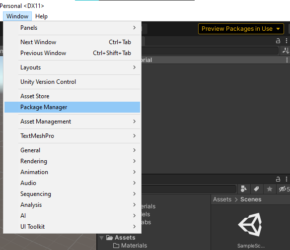 Unity project selecting UPM (Unity Package Manager)