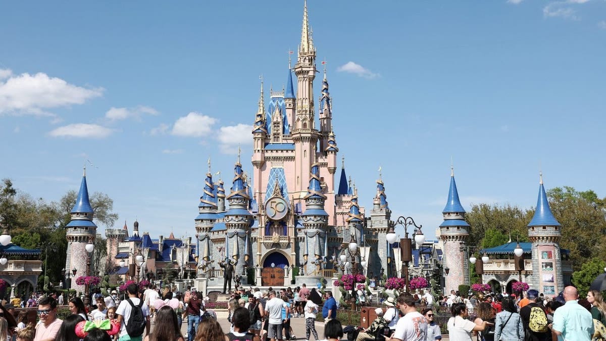 A crowd in front of the castle at Disney World, which is at war with DeSantis