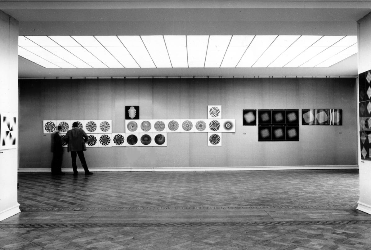 Exhibition view of Generative Fotografie at Kunsthaus Bielefeld, 1968; included works by Kilian Breier, Pierre Cordier, Hein Gravenhorst, and Gottfried Jäger, Herbert W. Franke 