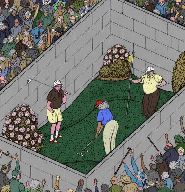 Another illustration of a walled-off space with a mass of people outside. The people inside the wall are playing golf.