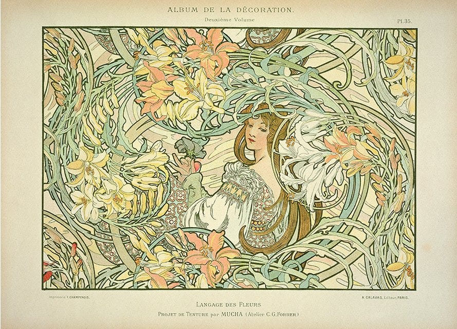 Art poster of whimsical woman surrounded by llarge sprawling wildflowers