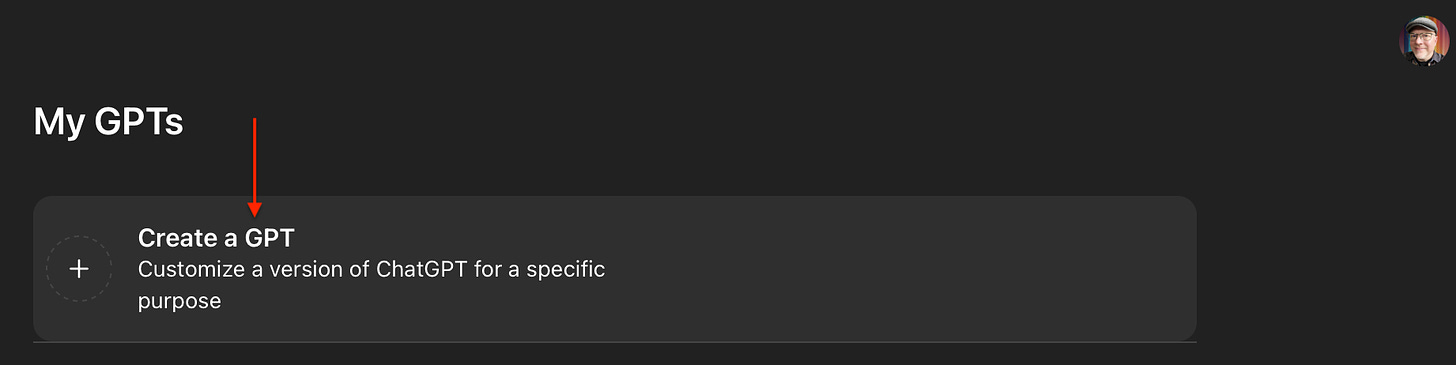 Interface showing a "Create a GPT" button to customize ChatGPT for specific purposes.