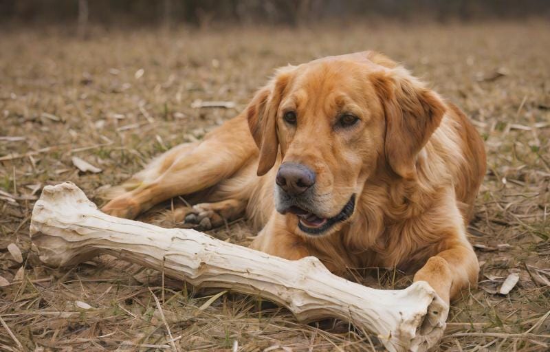 grown dog lying with bone-shaped log