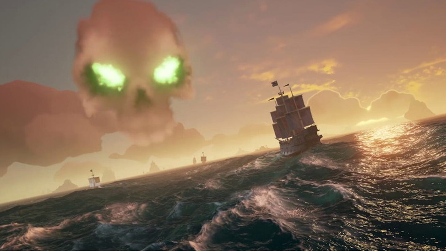 Video game screenshot of a pirate ship at sea, with a skull-shaped cloud overhead