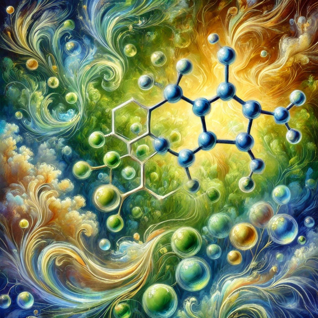 A breathtaking and imaginative oil painting-style depiction inspired by the essence of glutathione. The image features an abstract molecular form that subtly blends into a stunning interplay of vibrant and harmonious colors. A symphony of glowing green and gold symbolizes vitality and longevity, while ethereal blue and white swirls convey detoxification and purity. The composition includes organic, flowing patterns reminiscent of cellular structures, integrated seamlessly into an elegant, dreamlike background. The artwork is detailed, expressive, and rich with bold strokes, evoking a sense of health, beauty, and balance.