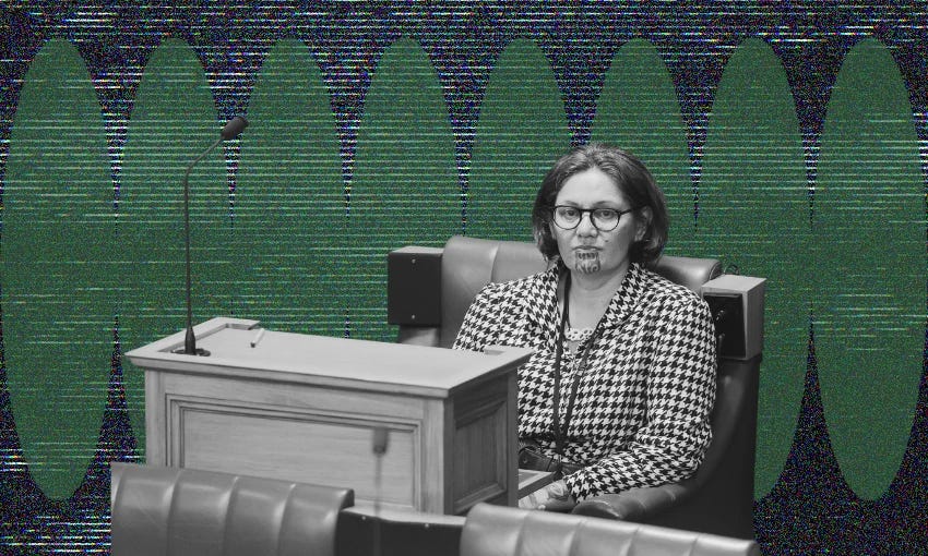 Darleen Tana in parliament on July 24 (Photo: Hagen Hopkins/Getty Images; design The Spinoff) 
