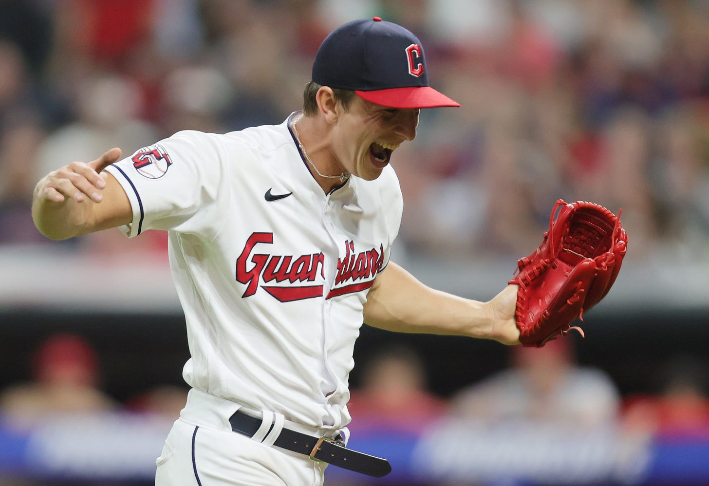 Cleveland Guardians relief pitcher James Karinchak celebrates striking out Los Angeles Angels second baseman Brandon Drury to end the seventh inning with two Angels left on base in the seventh inning, May 12, 2023, at Progressive Field.