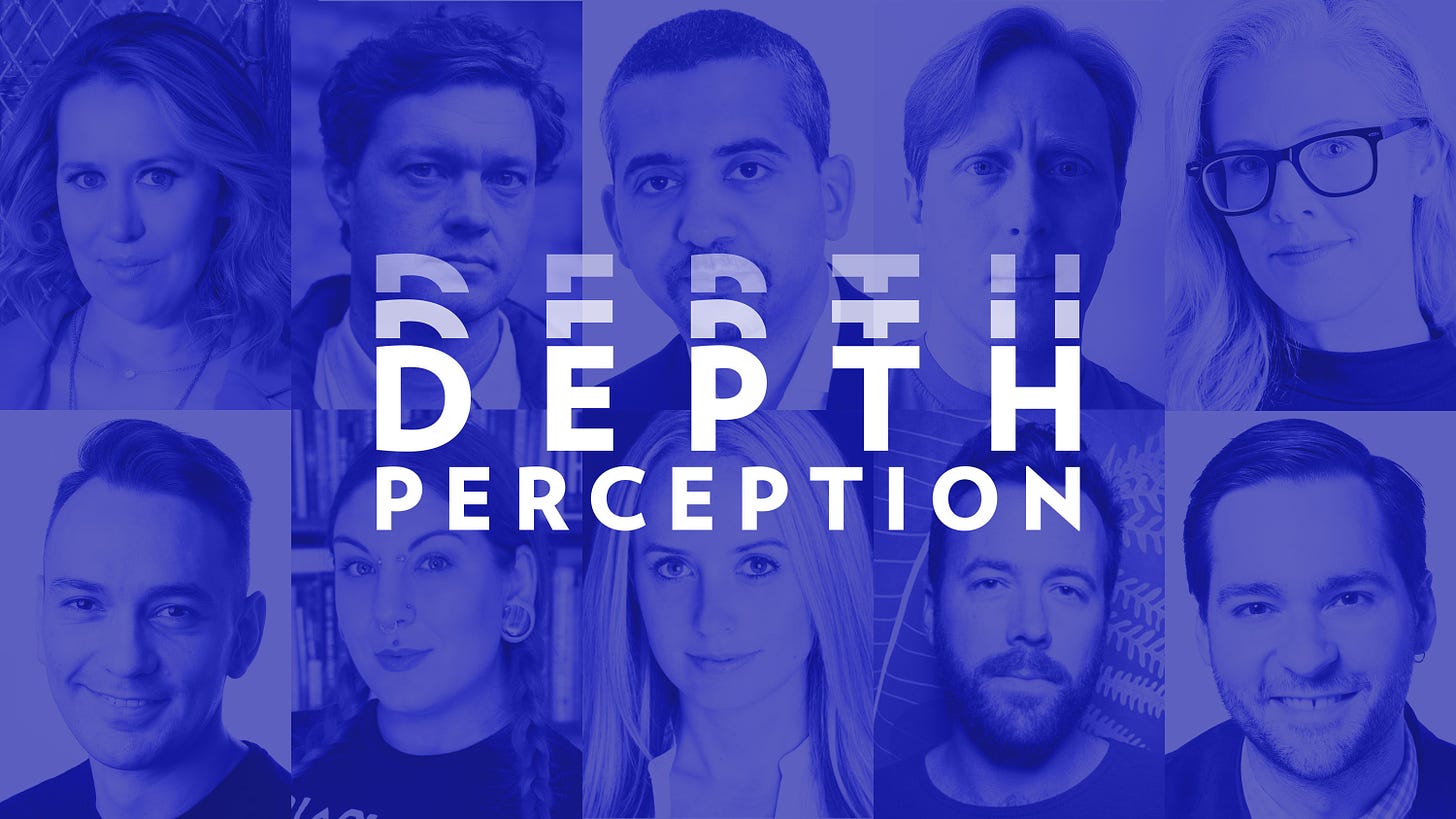 Photo of some of the journalists featured in DEPTH PERCEPTION with blue overlay and DEPTH PERCEPTION branding in the middle