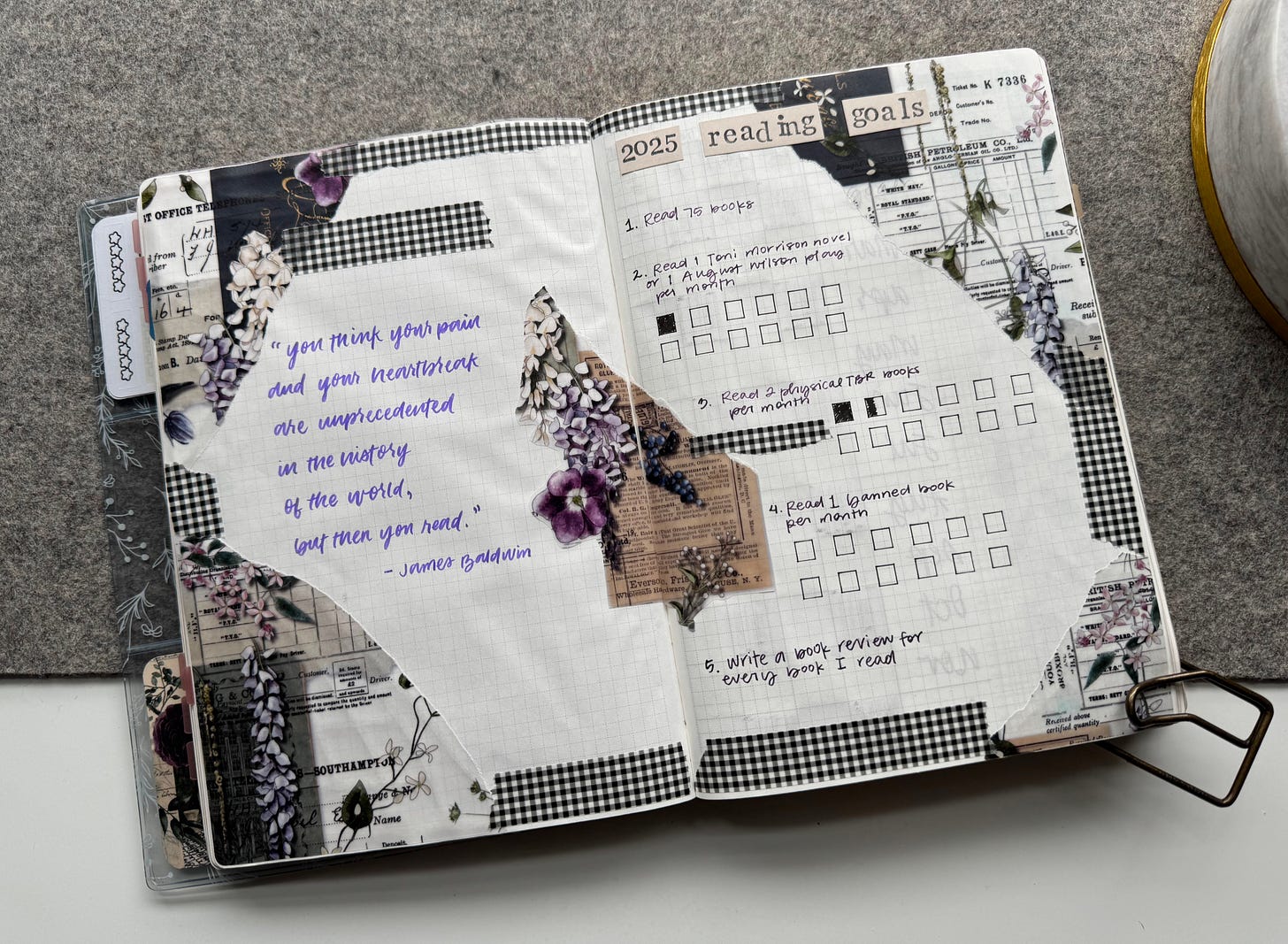 A5 reading journal opened to a spread detailing my 2025 reading goals (1. Read 75 books, 2. Read 1 Toni Morrison or 1 August Wilson book/play per month, 3. Read 2 books from my physical TBR per month, 4. Read 1 banned book per month, 5. Write a book review for every book I read) and a quote from James Baldwin: “you think your pain and heartbreak are unprecedented in the history of the world, but then you read.”