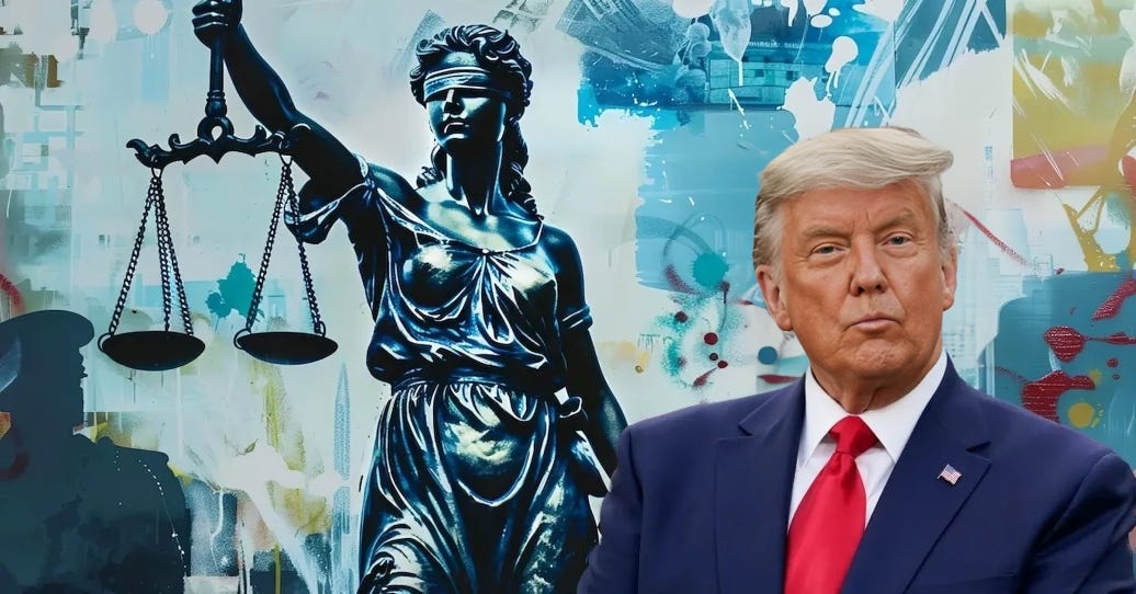 Donald Trump alongside Lady Justice, symbolizing the fight for fairness and election integrity.