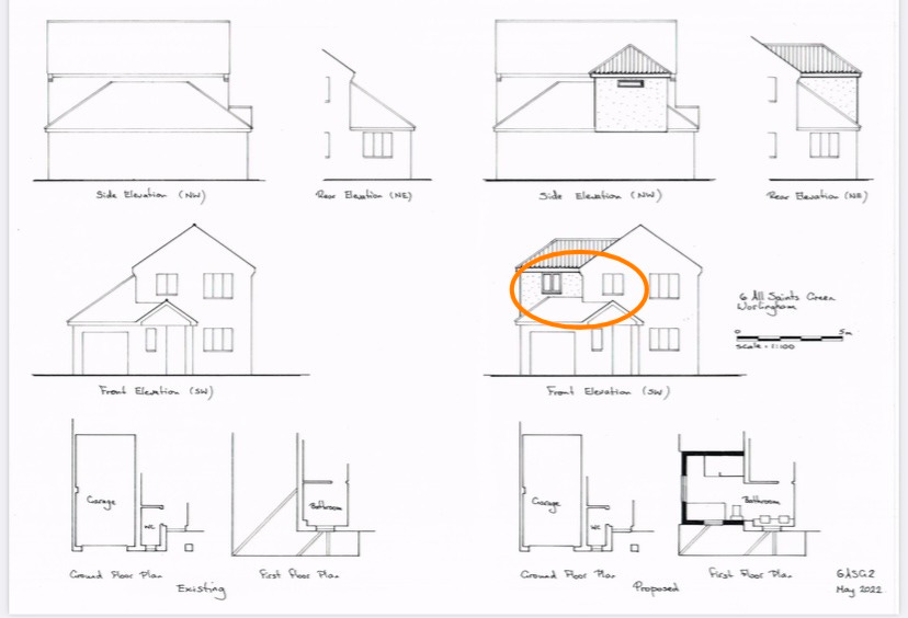 line drawings of the original house and the new design which was submitted to the planning department