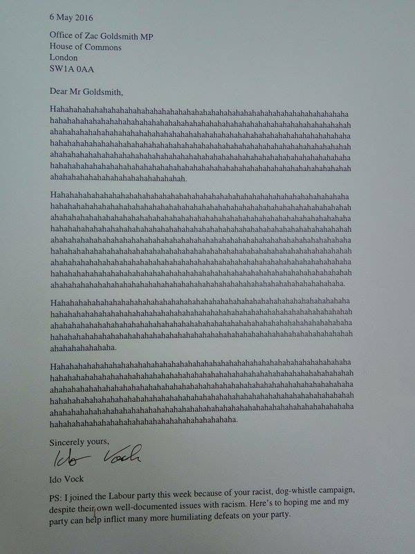 Zac Goldsmith commiseration letter