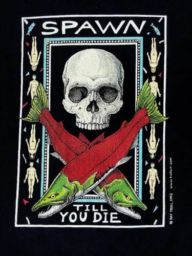 Vintage Ray Troll Art "Spawn Till You Die" Fishing T-Shirt Black - Men's M (A4) - Picture 1 of 7