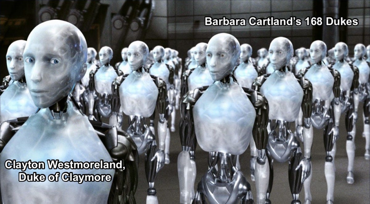 Rows and rows of humanoid white robots. One looking in a different direction is labelled Clayton Westmoreland, Duke of Claymore and the others are labelled Barbara Cartland's 168 dukes.