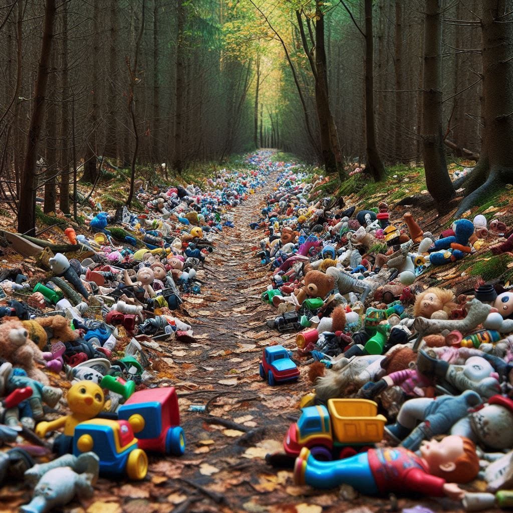 A trail through the woods filled with broken toys.