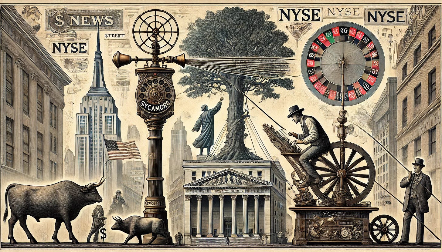 A horizontal illustration showcasing the transmission of news via a vintage telegraph wire, with the word 'Sycamore' subtly engraved on the telegraph machine. The image features stock market symbols such as a bull and bear, a Wall Street sign, stock charts, and a depiction of the NYSE. A subtle roulette wheel is integrated into the background, alongside a towering sycamore tree. A figure resembling Zacchaeus from the Gospel of Luke is seen climbing the sycamore tree, adding a biblical touch to the scene. The overall composition merges historical, financial, and spiritual elements in a harmonious and detailed manner.