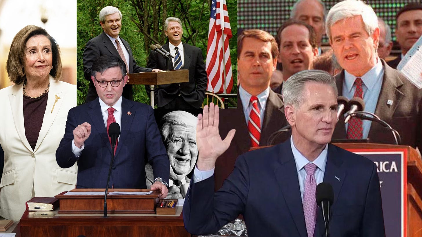 Collage of past speakers including Tip O'Neill, Newt Gingrich, Nancy Pelosi, Kevin McCarthy, and Mike Johnson