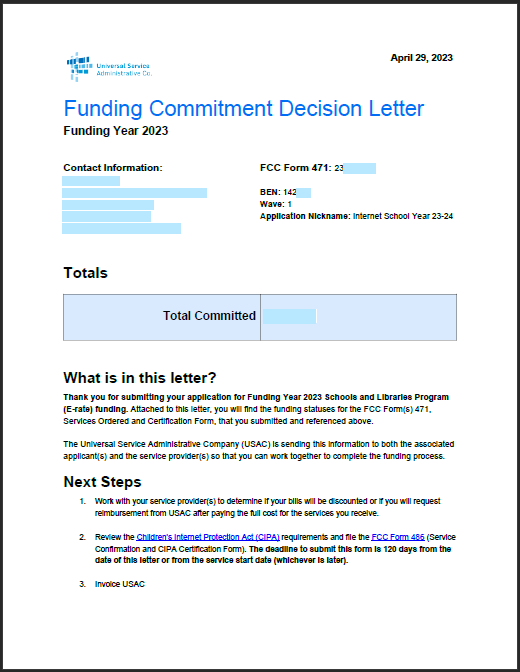 Image of a sample Funding Commitment Decision Letter