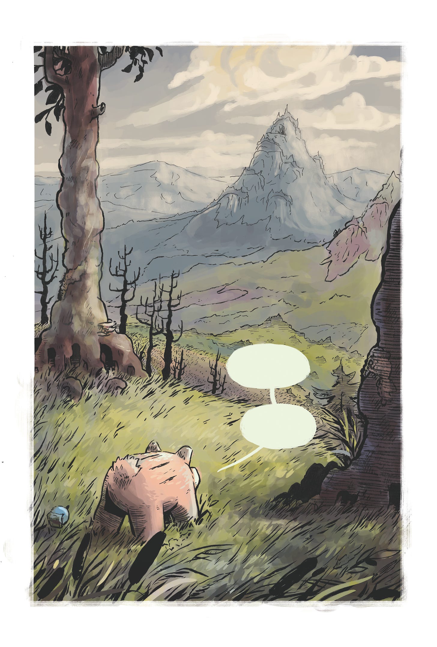 A recoloured page from Haru Book 1, where Haru and Yama stand between two trees in a grassy clearing, staring out at the Beacon looming ahead.