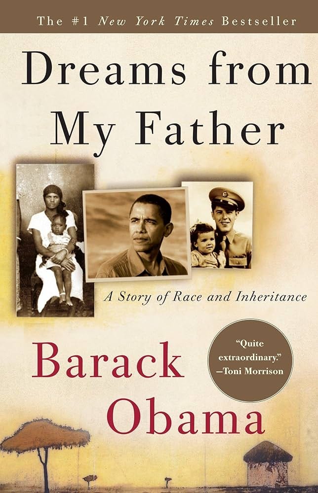 This image shows the cover of Barack Obama's 1995 book Dreams from My Father: A Story of Race and Inheritance.