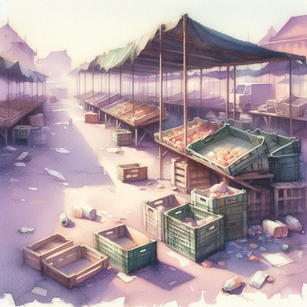 A scene of an eerily empty summer farmer's market in a soft, watercolor style. The stalls should appear almost empty and the market abandoned. The crates that should be empty of produce. There should be some broken bottles on the ground. There should be a subtle, nuanced change in colors using the impasto technique with gouache paint. There should be a light wash to the watercolor painting with minor texture from the watercolor paper and a soft, pastel lavender background. 