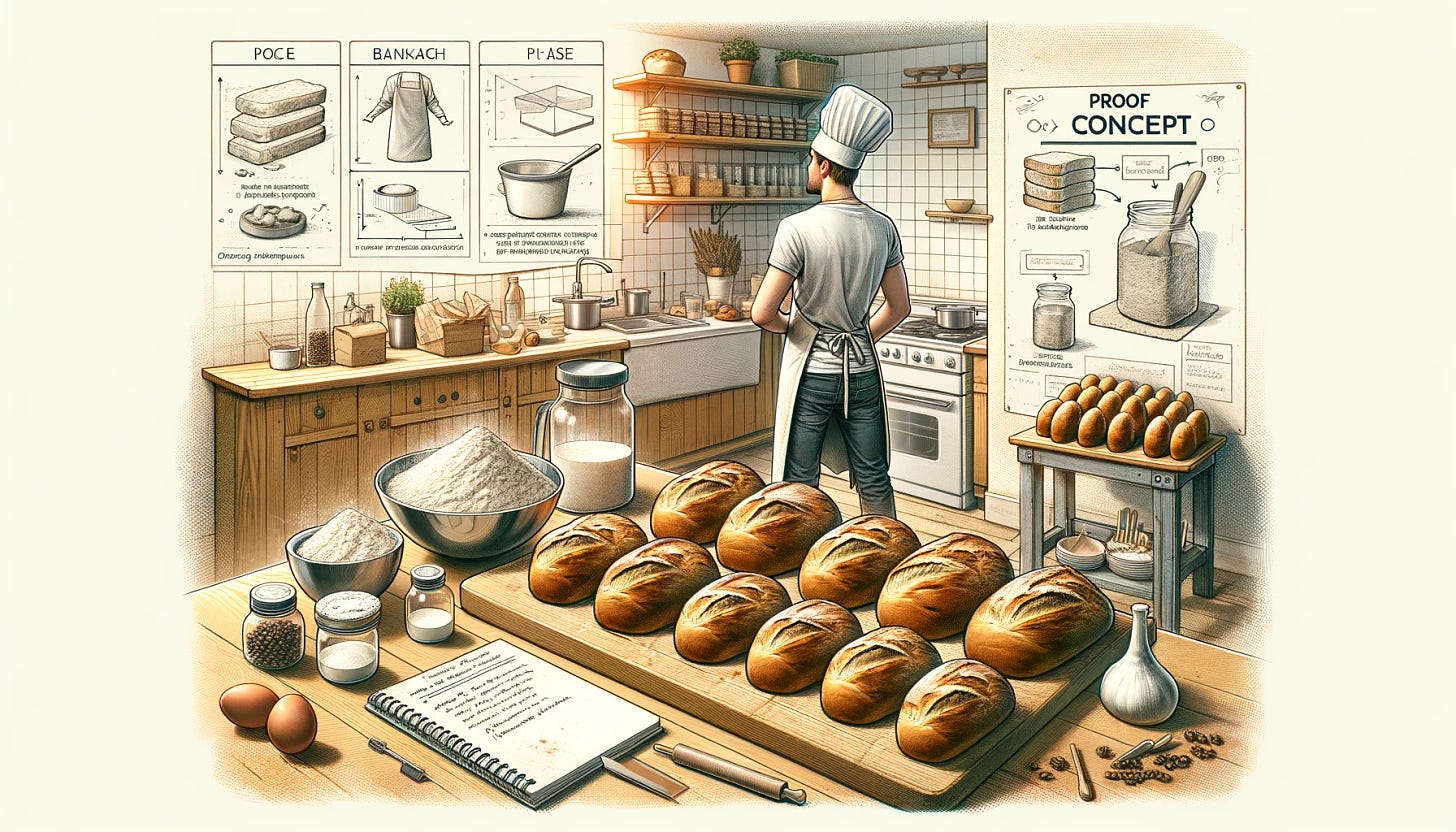 An image showing the Proof of Concept (PoC) phase for a bakery testing a new bread recipe. The image includes a small batch of bread loaves on a kitchen counter, with a baker in an apron and chef's hat examining the bread. The scene also includes notes and ingredients like flour, a mixing bowl, and measuring cups. There is a sense of focus and experimentation, with the baker evaluating the bread's texture and taste in a cozy, well-lit bakery kitchen.