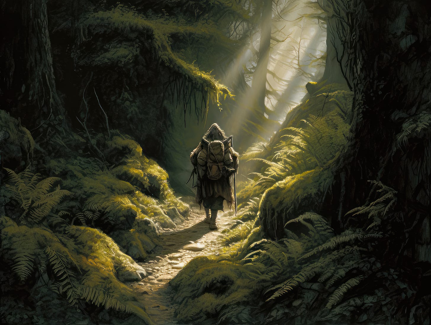 A pathfinder walking through the dark woods being guided by rays of sunlight that peek through the forest canopy