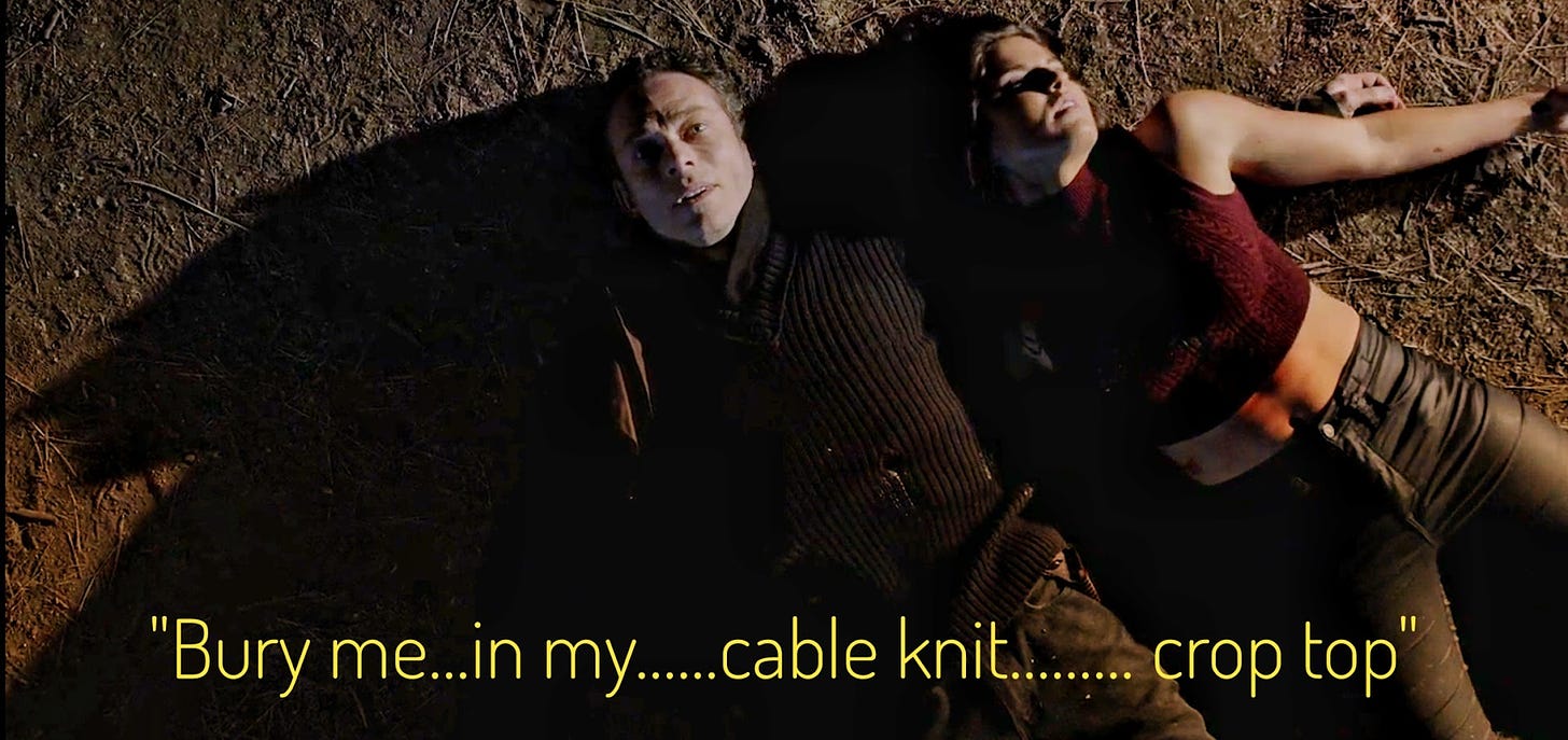 Desmond and Lacy, both bleeding, lie entangled on the ground, captioned "Bury me in my cable knit crop top"