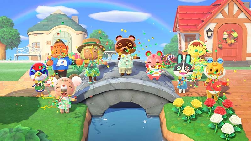 Animal Crossing New Horizons video game screenshot of villagers on a bridge, all throwing confetti