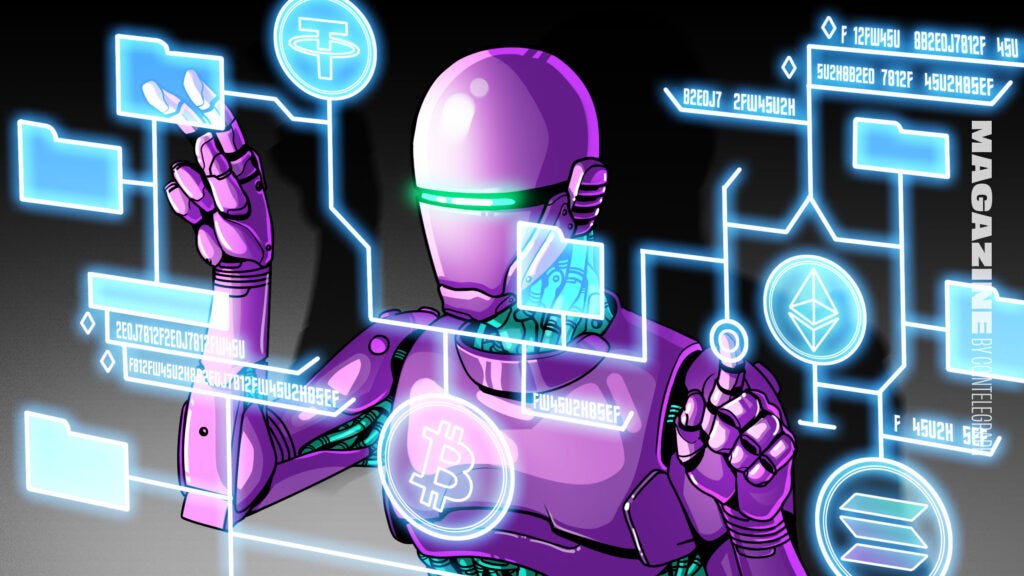 Illustration of an AI agent interacting with digital finance systems, highlighting automation and blockchain integration.