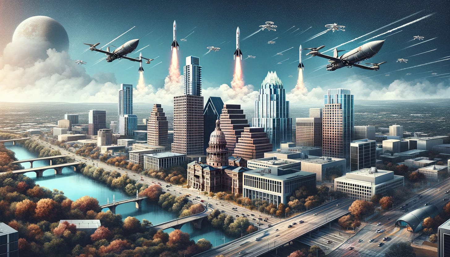 Create a photorealistic landscape illustration of Austin, Texas, where the skyline is accurately represented with landmarks such as the Texas State Capitol and the Frost Bank Tower. The scene includes rockets launching into the sky from the city, alongside drones buzzing in the air. The depiction should convey a blend of Austin's historic architecture with its modern technological pursuits, emphasizing the city's role in space exploration and drone technology. The buildings should look detailed and true-to-life, with the city bustling with activity below.