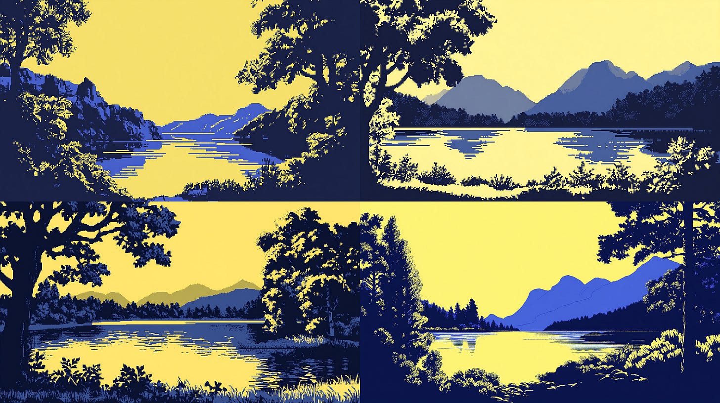 SW 50. /imagine prompt: an illustration of a landscape with a lake, blue and yellow — sref https://s.mj.run/yFfpStj-QaI — sw 50 — ar 16:9 — v 6.1