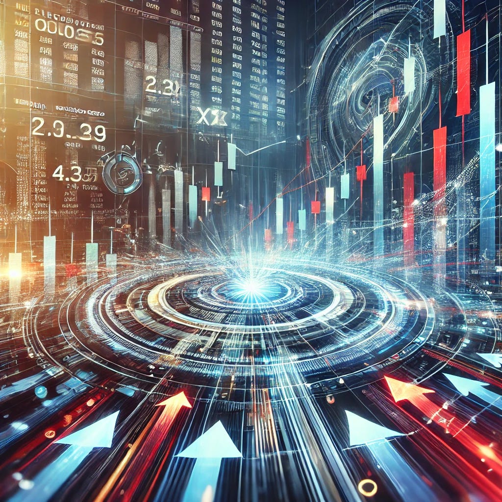 An image depicting a dynamic financial market scene with candlestick charts, upward and downward arrows, and a high-tech, futuristic trading interface. Include a subtle background showing election results and news headlines to capture the idea of market-driven momentum. The overall feel should be energetic and fast-paced, emphasizing opportunity and market action.